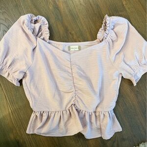 Altar’d State Ruched Peplum Puff Sleeve Top in Light Pink